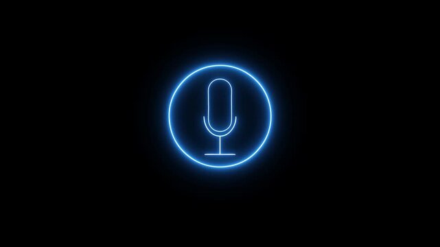 Glowing neon blue microphone icon animation for voice assistant on digital monitor screen . 4k animation video 