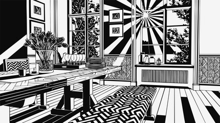 Naklejka premium Modern Interior Dining Room in Black and White Illustration with Sunburst Window Light and Decorative Floral Vase