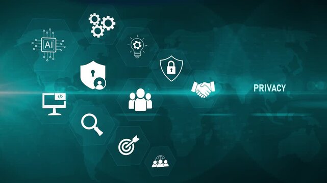 Business privacy, data protection, personal information security, GDPR compliance, digital trust, user confidentiality, online safety, identity protection, Motion graphics of data privacy concept