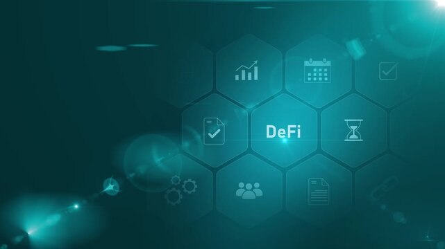 Pointing at digital screen with decentralized finance data and analytics interface. DeFi platform, blockchain finance, cryptocurrency, digital assets, Motion graphics of blockchain concept
