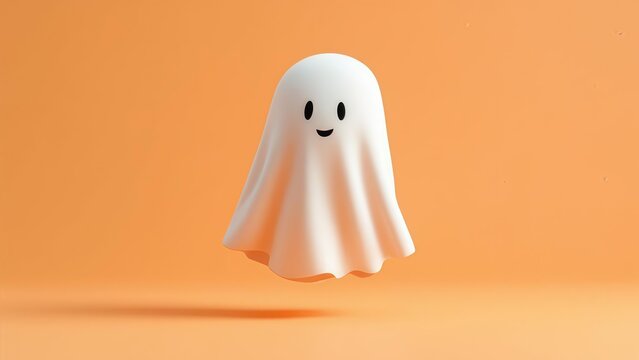 Cute 3D floating cartoon ghost with a happy smiling face on a solid bright orange background halloween concept