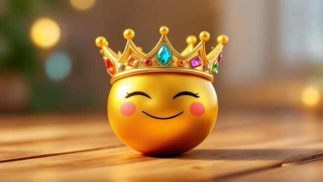 Happy smiling golden emoji ball wearing a royal crown decorated with colorful gemstones on a warm wooden table background