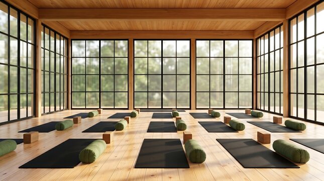 Bright Wellness Shala Hall Featuring Large Windows And Meditation Props