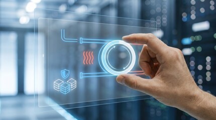 Fototapeta premium AI infrastructure buildout - A hand delicately adjusts a cooling loop on data center blocks, illustrating advanced thermal control in a sleek, minimal, and modern technology interface.