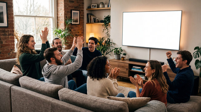 Diverse group of people cheering on a couch in living room