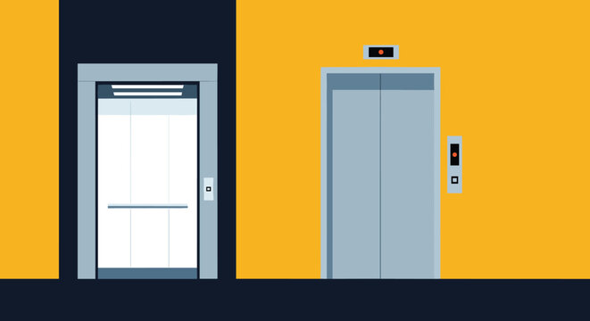 Modern elevator entrance in a hallway with one set of doors closed and the other open showing the interior cabin.
