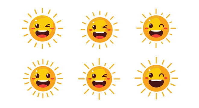 Collection of six cheerful sun characters with different winking and smiling faces brings joy and happiness to weather designs.
