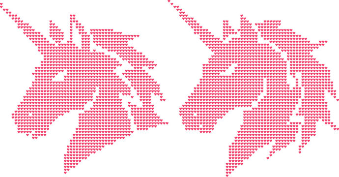 Two pink unicorn heads formed from tiny heart shapes