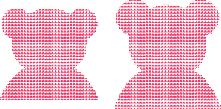 Two teddy bears made of small pink hearts on white background
