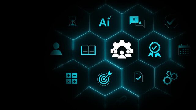 Pointing at management technology on futuristic digital interface screen, business operations dashboard, workflow optimization, Motion graphics of business workflow concept