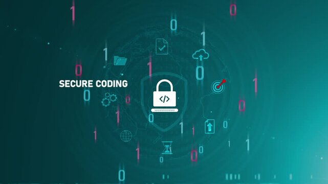 Cyber Developer Secure Coding Interface on Digital Screen, auditing source scripts. Implementing defensive programming to prevent vulnerabilities and Motion graphics of cyber attacks concept