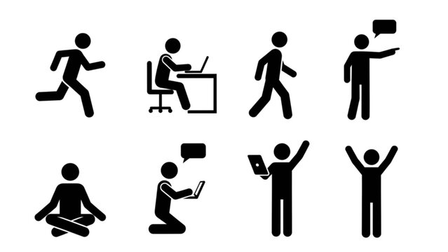 Stick figure man daily activity poses vector icon set running working walking sitting reading thinking silhouette pictogram collection