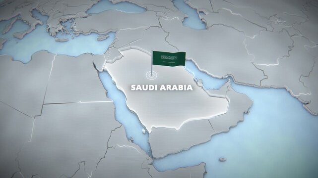 3D map animation of Saudi Arabia with a pulsating highlight, national flag, and text label over a clean metallic design, perfect for news broadcasts and geopolitical presentations.
