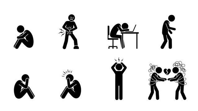 Depression and stress stick figure vector icon set sad anxious lonely person mental health conflict breakdown silhouette illustration