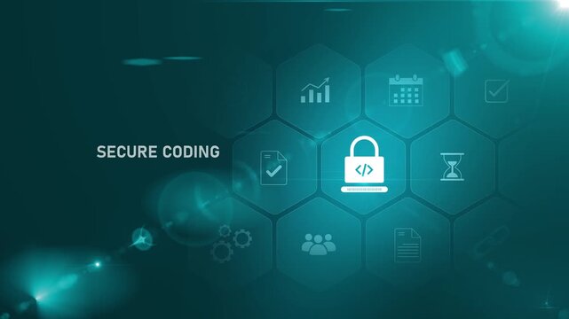 Cyber Developer Secure Coding Interface on Digital Screen, auditing source scripts. Implementing defensive programming to prevent vulnerabilities and Motion graphics of cyber attacks concept