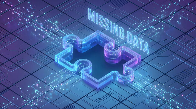 A glowing neon puzzle piece with missing data floats on a futuristic grid background.