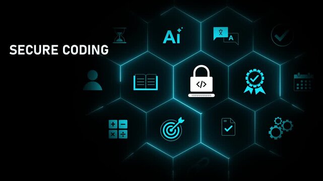 Cyber Developer Secure Coding Interface on Digital Screen, auditing source scripts. Implementing defensive programming to prevent vulnerabilities and Motion graphics of cyber attacks concept