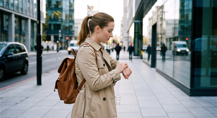 Obraz premium Young woman checking her smartwatch on a city street. Female pedestrian in a trench coat waiting on the sidewalk. Urban commute and wearable technology concept
