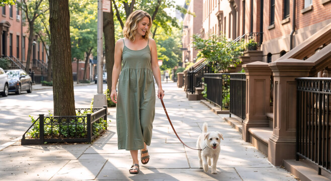 Smiling young woman walking her small white dog on a city sidewalk. Happy female owner with pet on a leash in a residential neighborhood with brownstone buildings. Urban lifestyle