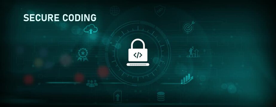 Cyber Developer Secure Coding Interface on Digital Screen, auditing source scripts. Implementing defensive programming to prevent vulnerabilities and Motion graphics of cyber attacks concept