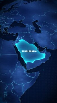 Vertical digital high tech map of the Middle East with a pulsating neon blue highlight on Saudi Arabia, ideal for corporate presentations, geopolitical documentaries, and business broadcast graphics.
