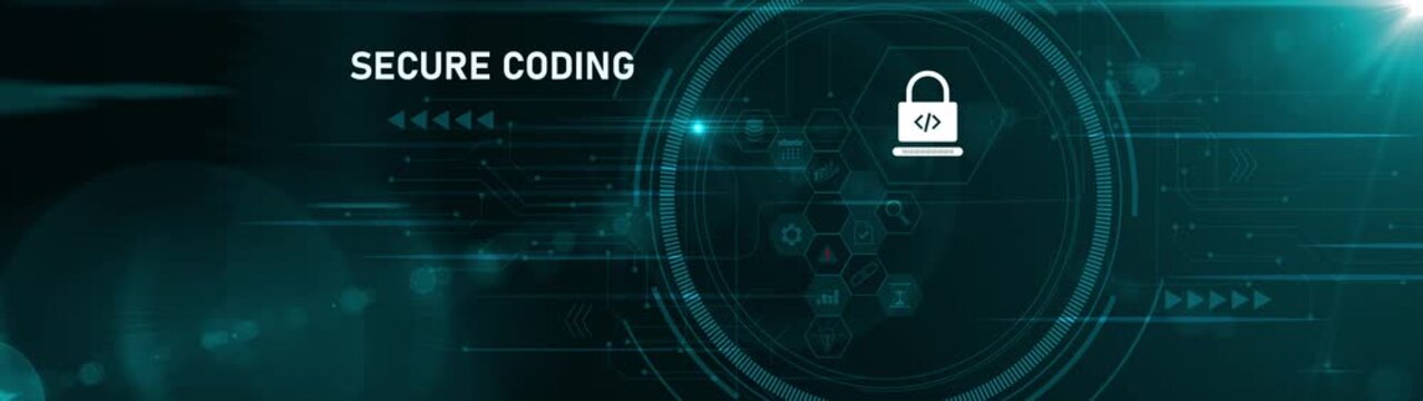 Cyber Developer Secure Coding Interface on Digital Screen, auditing source scripts. Implementing defensive programming to prevent vulnerabilities and Motion graphics of cyber attacks concept