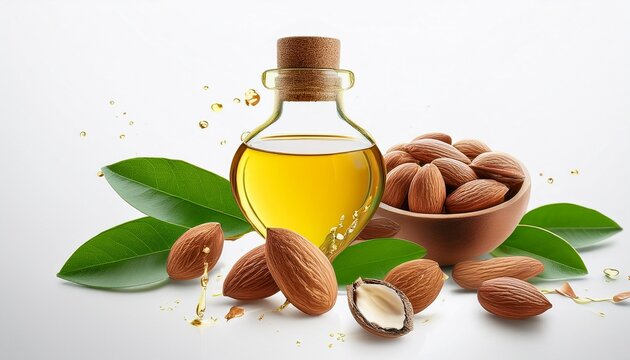 argun nuts and oil with green leaves white background cracked open nuts falling food image for health and beauty raw food and cosmetic ingredient hair shampoo and vitamin benefits