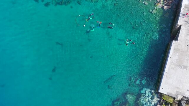 Aerial Drone View of Scuba Divers Training in Crystal Clear Coastal Waters of Puerto del Carmen Lanzarote
