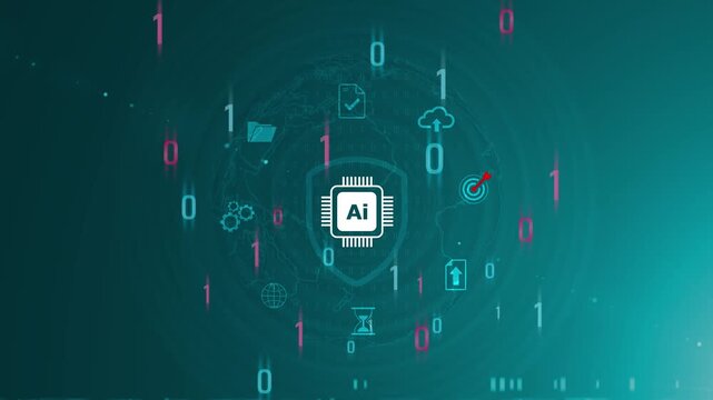 Pointing at artificial intelligence technology on futuristic digital interface screen, machine learning, data analytics automation. 3d Motion graphics of technology icon interface background