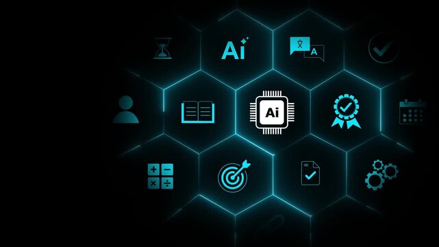 Pointing at artificial intelligence technology on futuristic digital interface screen, machine learning, data analytics automation. 3d Motion graphics of technology icon interface background