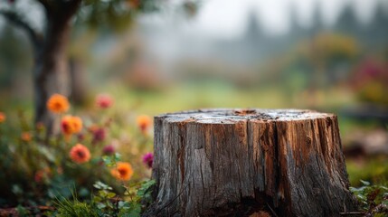 Fototapeta premium tree stump wood podium little blurred background of apple farm 