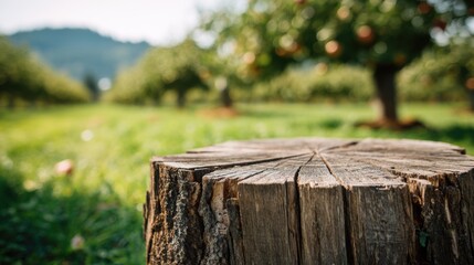 Naklejka premium tree stump wood podium little blurred background of apple farm 