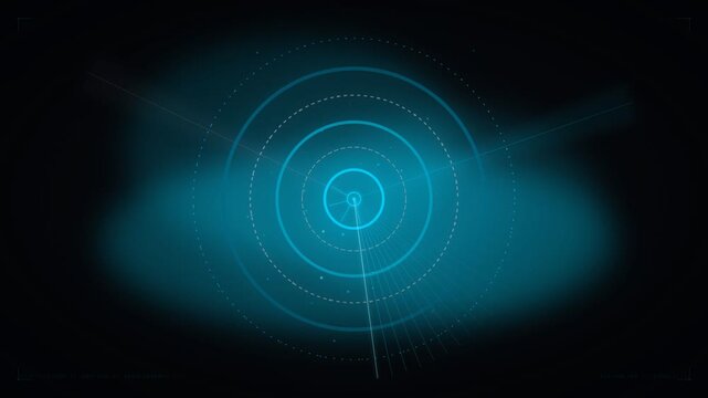 Glowing blue neon concentric circles, futuristic technology background, abstract design element, sci-fi visual effect