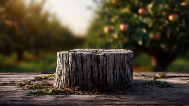 tree stump wood podium little blurred background of apple farm
