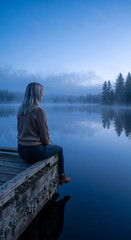 Obraz premium Rear view of a blonde woman sitting on a wooden dock. Vertical photo of a female looking at a misty lake at dawn. Solitude and nature concept