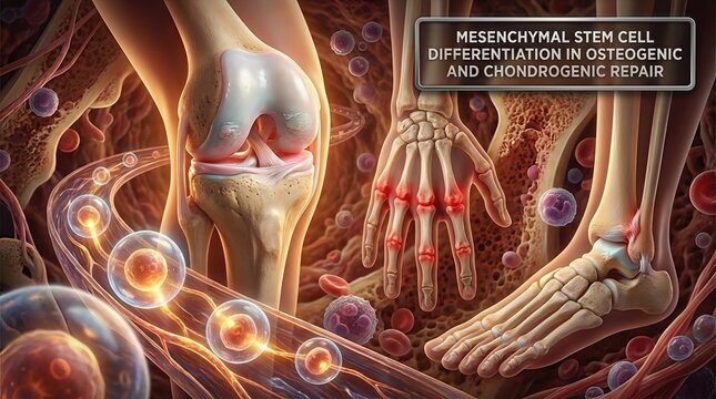 Mesenchymal stem cell differentiation, supporting osteogenic chondrogenic repair, promoting skeletal regeneration, healing human joint tissue, crucial medical biotechnology concept.
