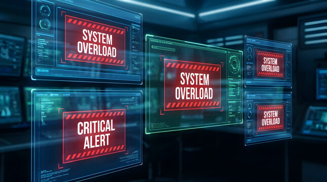 Critical alerts flash on multiple screens in a dark technology room.