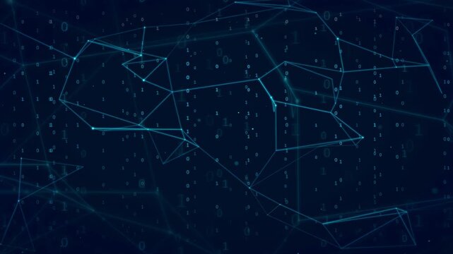 Abstract digital network connection with glowing blue lines and binary code on dark background