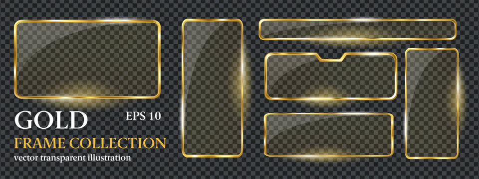 Golden 3d gold with frame button text for glass rectangle light. Box ux overlay with black circle vector for flare background plate. Ui effect gold with button frame element for banner tech template.