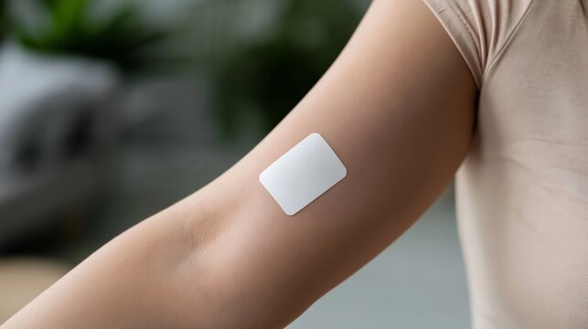 Person's arm with a white medical patch applied to the skin, representing modern healthcare, discreet treatment, and wellness