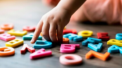 Fototapeta premium Child hand playing with colorful plastic alphabet letters on a wooden table, focusing on early learning and cognitive development