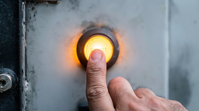 Finger pressing glowing orange START button on an old, weathered industrial machine panel, activating a process