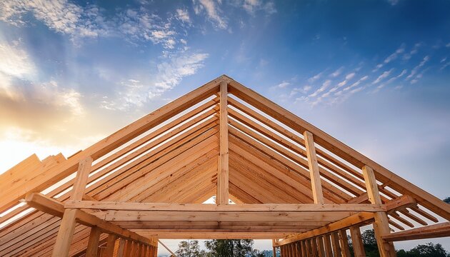 wood roof trusses construction sky background natural light building process structure