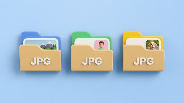 Three JPG file folders in row on light background minimal digital storage concept
