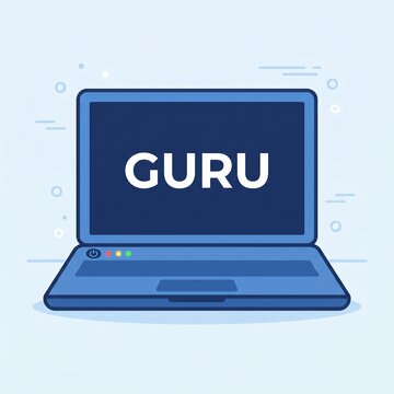 Laptop Displaying Guru Text on Screen in Modern Flat Design Style