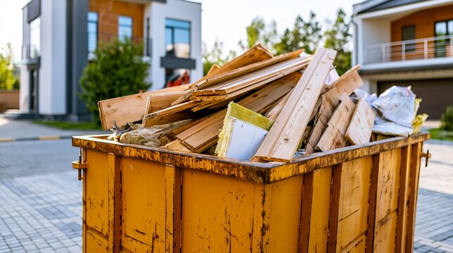 Overflowing construction dumpster full of wood planks and insulation materials on residential street during property renovation cleanup