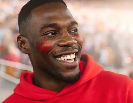 Close-up portrait of a Canadian fan with a red maple leaf painted on one cheek, wearing a plain red hoodie, joyful expression, soft bokeh background of a stadium