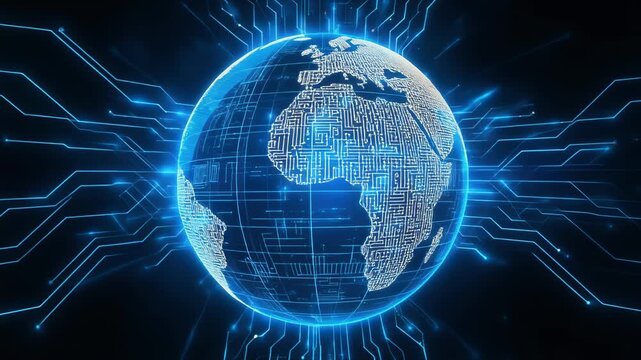 Futuristic digital globe with glowing blue circuit lines representing global connectivity and technology innovation