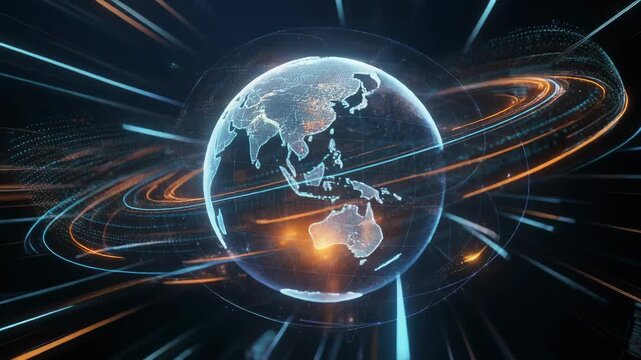 Futuristic digital globe rotating in space with glowing blue and orange data streams animation