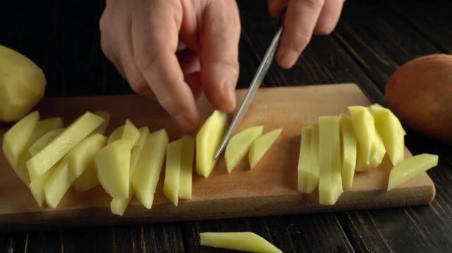 Hands slicing fresh potatoes into thin strips on a wooden cutting board, with additional potatoes visible in a rustic kitchen setting